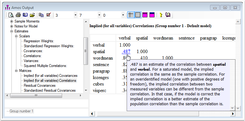 Screenshot of help for an implied correlation in the Amos Output window